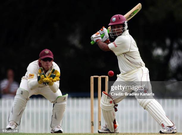 Ramnaresh Sarwan of the West Indies plays a cut shot during day one of the tour match between the Queensland Bulls and the West Indies at Allan...