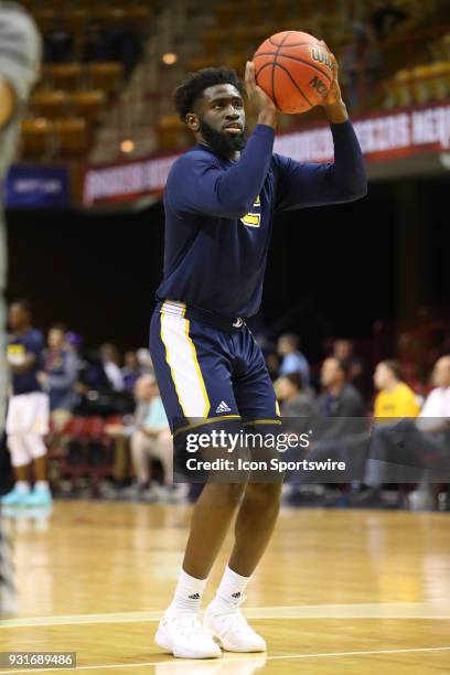 Chattanooga Mocs guard David Jean-Baptiste warms up before the college basketball game between UT-Chattanooga and East Tennessee State on March 03,...