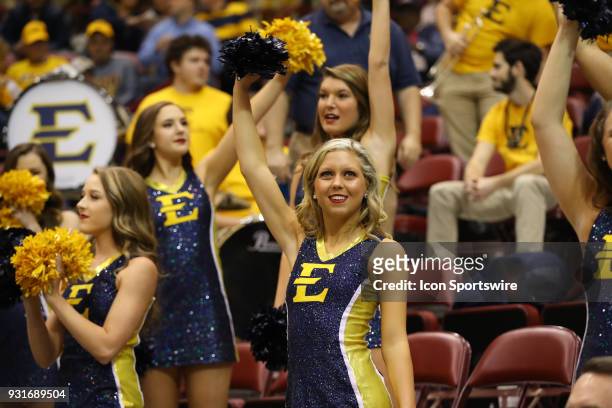 East Tennessee State Buccaneers cheerleaders before the college basketball game between UT-Chattanooga and East Tennessee State on March 03, 2018 at...