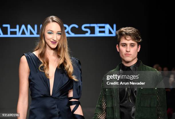 Designer Jonathan Marc Stein walks the runway with a model at Los Angeles Fashion Week Powered by Art Hearts Fashion LAFW FW/18 10th Season...