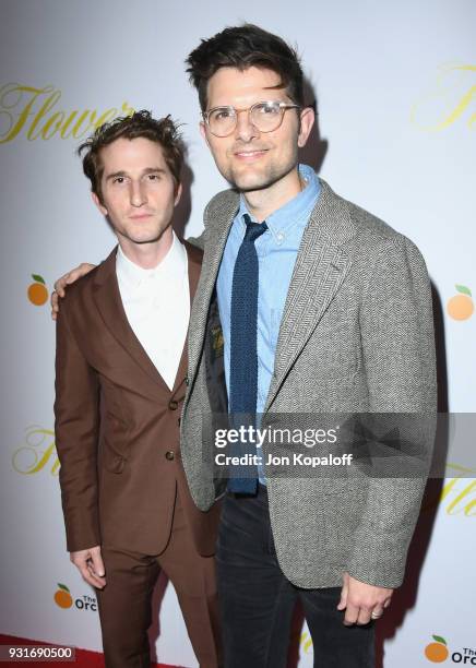 Max Winkler and Adam Scott attend the Los Angeles Premiere "Flower" at ArcLight Cinemas on March 13, 2018 in Hollywood, California.