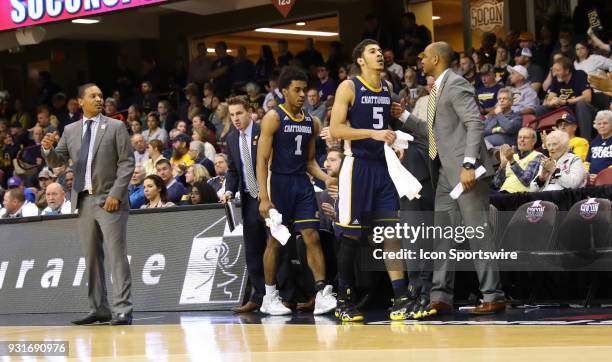 The Chattanooga Mocs starters start to exit during the second half of the college basketball game between UT-Chattanooga and East Tennessee State on...