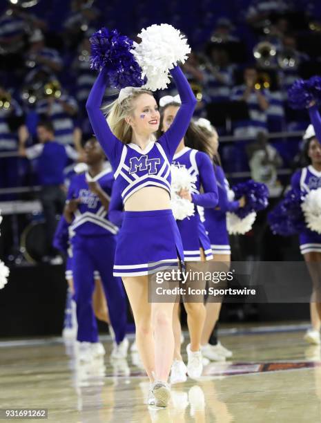 Middle Tennessee Blue Raiders cheerleaders perform during the NIT first round basketball game between the University of Vermont Catamounts and the...