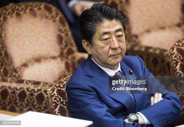 Shinzo Abe, Japan's prime minister, attends a budget committee session at the upper house of parliament in Tokyo, Japan, on Wednesday, March 14,...