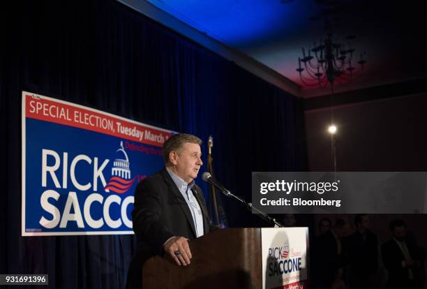 Rick Saccone, Republican candidate for the U.S. House of Representatives, talks to supporters during an election night rally in Elizabeth Township,...