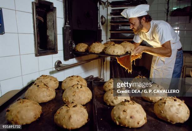 Baker baking panettone, Imperia, Liguria, Italy.
