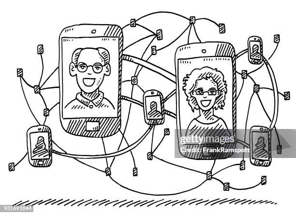social network smartphone concept drawing - contour drawing stock illustrations