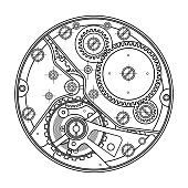 Mechanical watches with gears. Drawing of the internal device. It can be used as an example of harmonious interaction of complex systems, technical, engineering and scientific research, high-tech