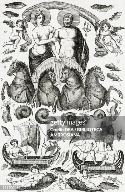 Triumph of Neptune and Amphitrite, mosaic found near Constantine, Algeria, engraving from L'album, giornale letterario e di belle arti, July 8 Year...