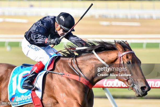 Leicester ridden by Dean Yendall wins the United Petroleum Handicap at Ladbrokes Park Hillside Racecourse on March 14, 2018 in Springvale, Australia.