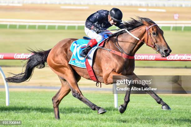 Leicester ridden by Dean Yendall wins the United Petroleum Handicap at Ladbrokes Park Hillside Racecourse on March 14, 2018 in Springvale, Australia.