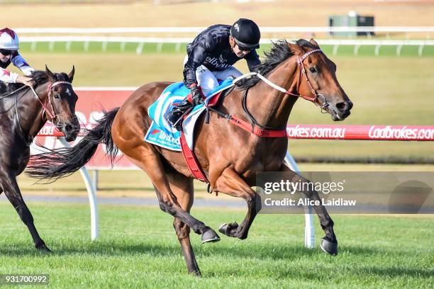 Leicester ridden by Dean Yendall wins the United Petroleum Handicap at Ladbrokes Park Hillside Racecourse on March 14, 2018 in Springvale, Australia.