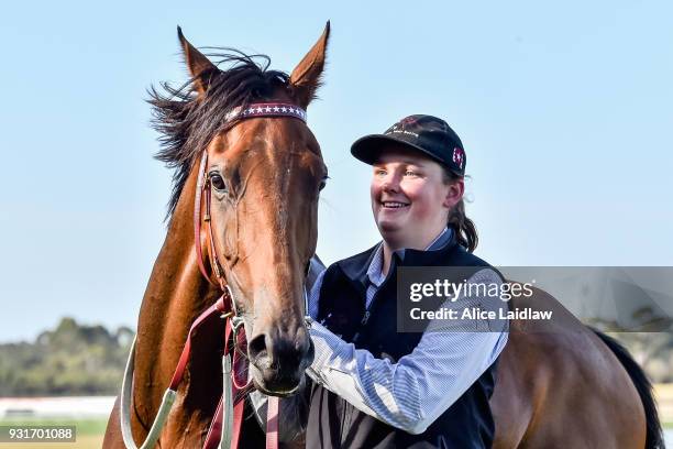 Leicester after winning the United Petroleum Handicap at Ladbrokes Park Hillside Racecourse on March 14, 2018 in Springvale, Australia.