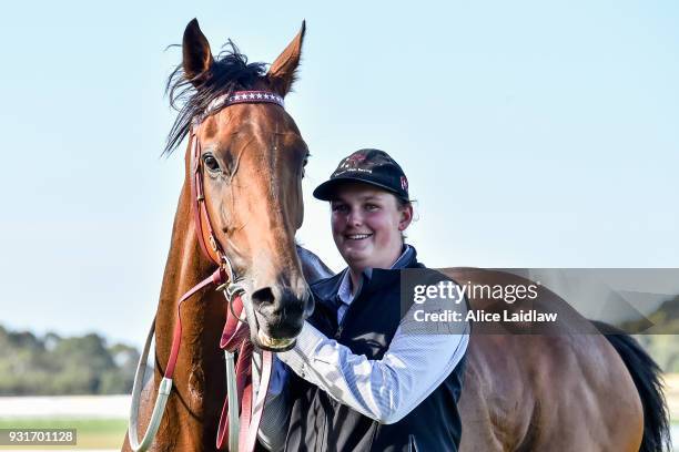 Leicester after winning the United Petroleum Handicap at Ladbrokes Park Hillside Racecourse on March 14, 2018 in Springvale, Australia.