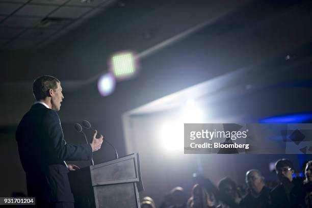 Conor Lamb, Democratic candidate for the U.S. House of Representatives, speaks during an election night rally in Canonsburg, Pennsylvania, U.S., on...