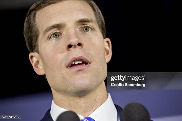 Conor Lamb, Democratic candidate for the U.S. House of Representatives, speaks during an election night rally in Canonsburg, Pennsylvania, U.S., on...