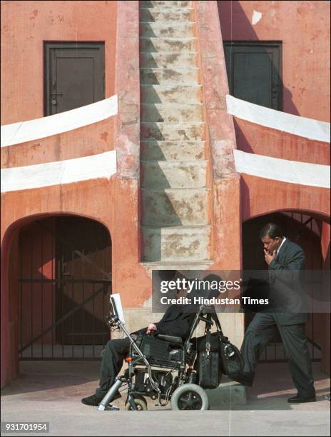 British physicist and award-winning author Stephen Hawking during a sightseeing tour at Jantar Mantar, on January 15 in New Delhi. Hawking died, aged...