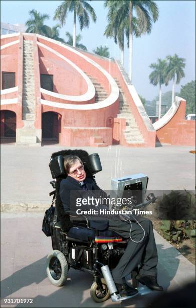British physicist and award-winning author Stephen Hawking during a sightseeing tour at Jantar Mantar, on January 15 in New Delhi. Hawking died, aged...