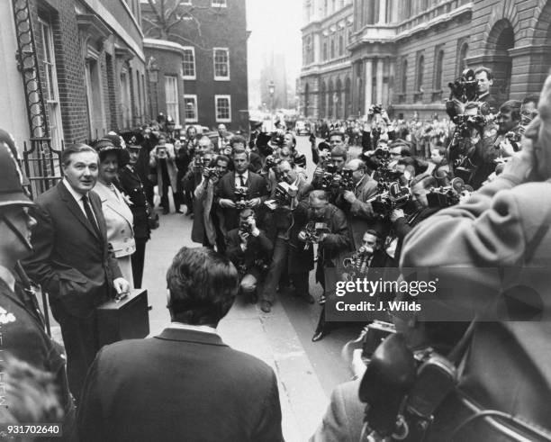 James Callaghan , the Chancellor of the Exchequer, leaves 11 Downing Street in London for the House of Commons, to present his budget, 6th April...