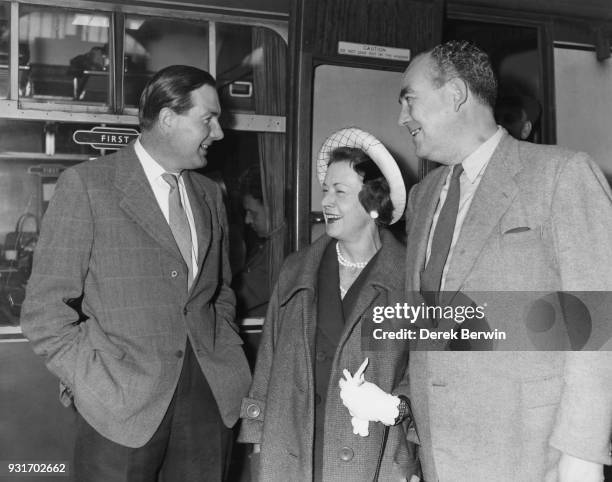 From left to right, James Callaghan, MP , Barbara Castle, MP and Labour Party chairman Tom Driberg leave King's Cross Station in London for the...