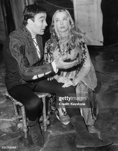 French actress Leslie Caron as the titular water sprite and Richard Johnson as Hans during rehearsals for the Stratford-on-Avon Company production of...