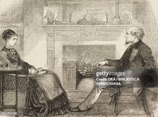 Woman and a man in front of the fireplace, from the novel Black Spirits and White, chapter XXXVII, by Frances Eleanor Trollope, United Kingdom,...