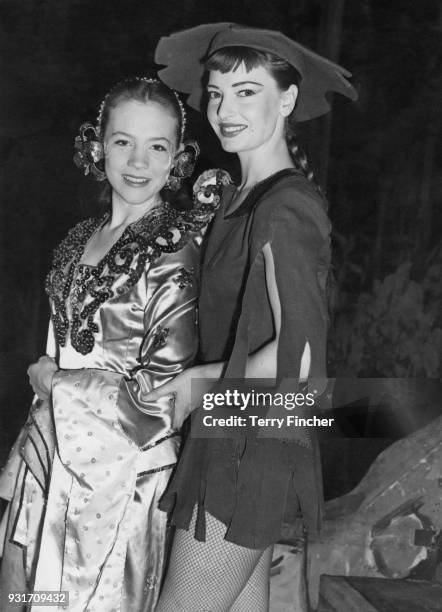 English-born actress, singer and dancer Jeannie Carson as Aladdin and Julie Andrews as the Princess during dress rehearsals for the Christmas...