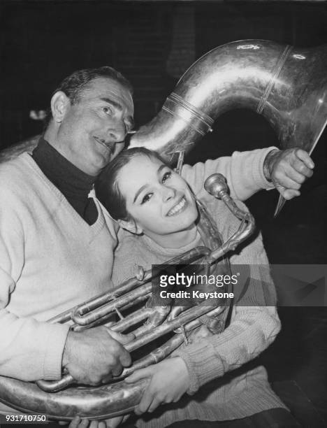 Actress Geraldine Chaplin, the daughter of filmmaker Charlie Chaplin, records a radio show with French clown Achille Zavatta at the Cirque Medrano in...