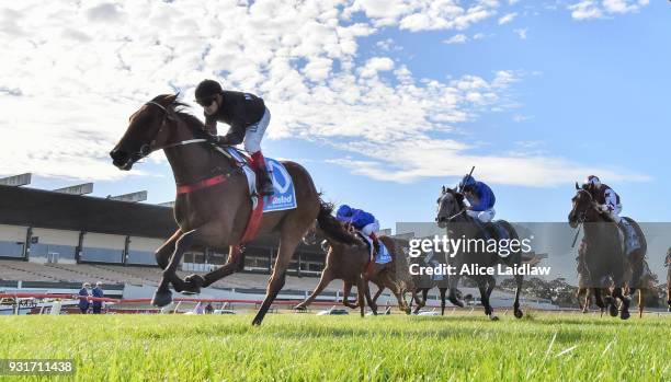 Leicester ridden by Dean Yendall wins the United Petroleum Handicap at Ladbrokes Park Hillside Racecourse on March 14, 2018 in Springvale, Australia.