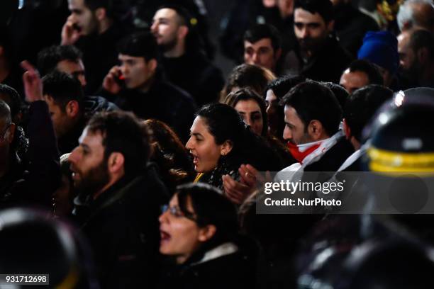 French Kurdish community is blocked and arrested by anti-riot Police for an illegal protest against the Turkish attack on Afrin near the US Embassy...