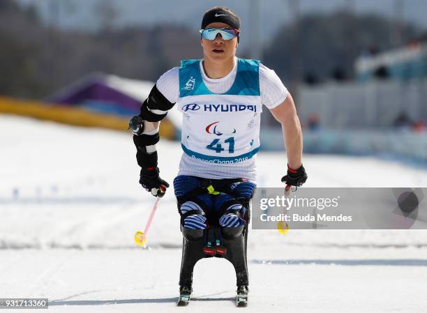 Oksana Masters of the United States competes in the Women's Cross Country 1.1km Sprint, Sitting event at Alpensia Biathlon Centre during day five of...