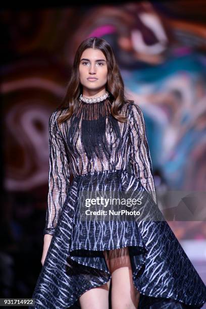 Model walking the runway for designer LESLEY HAMPTON, during the second day of Toronto Womens Fashion Week in Toronto, Canada, on 13 March 2018.