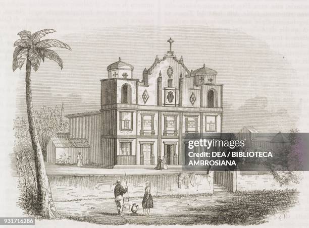 Holy Cross Church, Flores Island, Azores, Portugal, engraving from L'album, giornale letterario e di belle arti, April 27 Year 11.