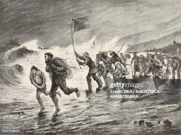 Making signals to the wreck, stormy weather, rescuers on the beach, engraving after a painting by Maurice Poirson , illustration from the magazine...