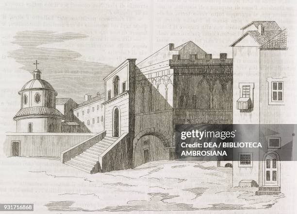 Prospectus and steps of the Palace of the Popes, Viterbo, Lazio, Italy, engraving from L'album, giornale letterario e di belle arti, June 1 Year 11.