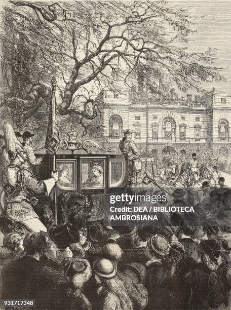 The Royal procession in St James Park, the coach with Queen Victoria, the opening of Parliament, London, United Kingdom, illustration from the...