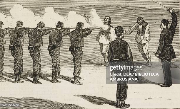 Summary execution of two Bulgarian spies, a Turkish firing squad, Russo-Turkish War, illustration from the magazine The Graphic, volume XVI, no 407,...