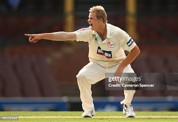 Steven Smith of the Blues appeals for lbw during day two of the Sheffield Shield match between the New South Wales Blues and the Tasmanian Tigers at...