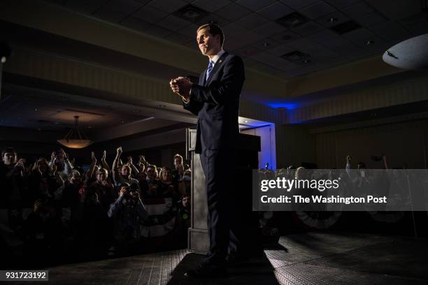 Democrat candidate Conor Lamb gives his victory speech after midnight at the Hilton Garden Inn Pittsburgh-Southpointe after winning the...