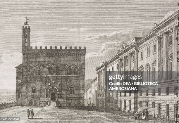 Palazzo dei Consoli and Palazzo Brancaleoni in Piazza Grande, Gubbio, Umbria, Italy, engraving from L'album, giornale letterario e di belle arti,...