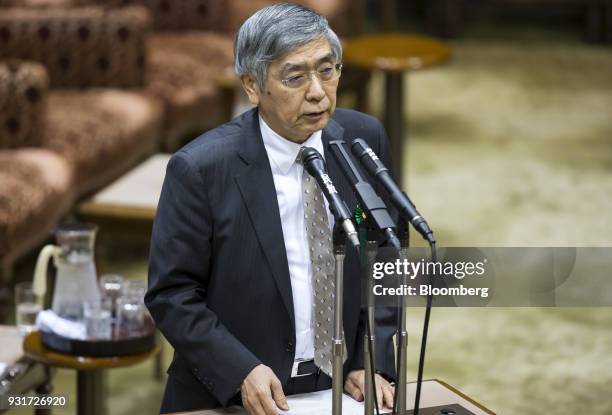 Haruhiko Kuroda, governor of the Bank of Japan, speaks during a budget committee session at the upper house of parliament in Tokyo, Japan, on...