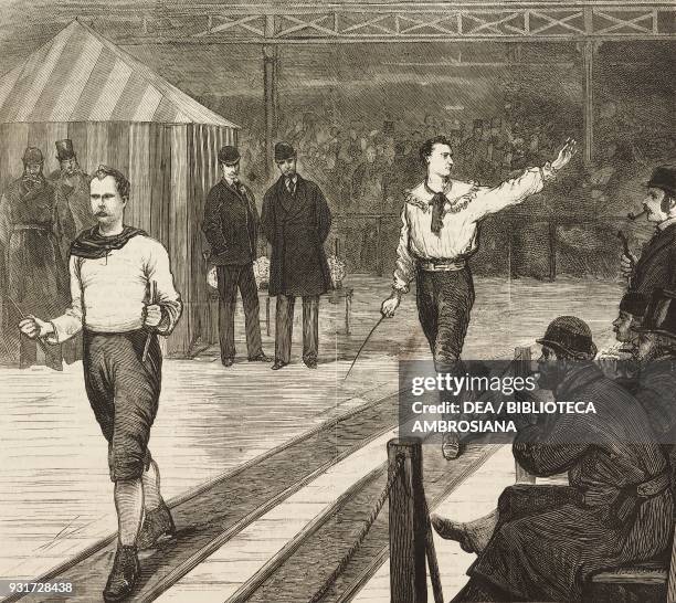 Walkers on the track, scene during the last day of the race, the Great Six Days' Walking Match between Edward Payson Weston and Daniel O'Leary,...