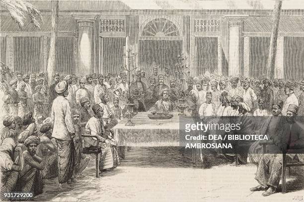 Meeting of Muslims at Penang Island to express sympathy with the Sultan of Turkey, Russo-Turkish War, Malaysia, illustration from the magazine The...