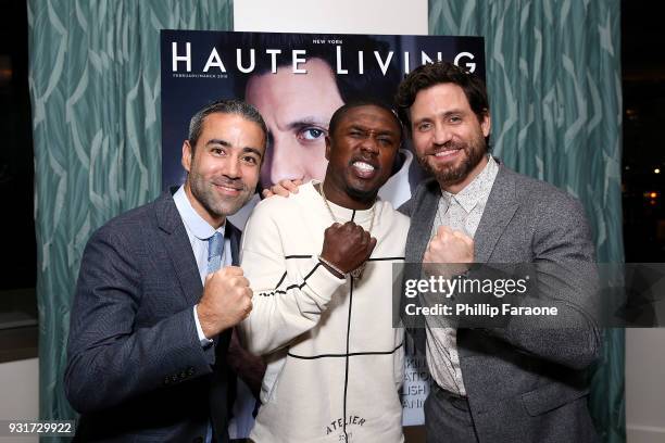 Jean-Francois Sberro, Andre Berto, and Edgar Ramirez attend the Hublot Private Dinner with Edgar Ramirez at Waldorf Astoria Beverly Hills on March...