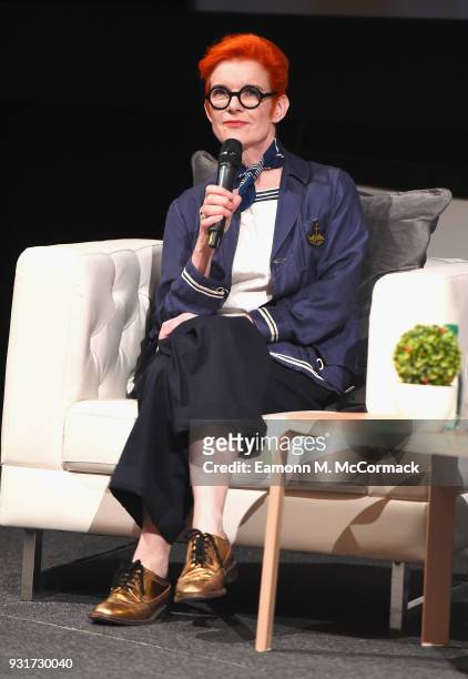 Costume designer Sandy Powell speaks on stage during the Masterclass session on day six of Qumra, the fourth edition of the industry event by the...