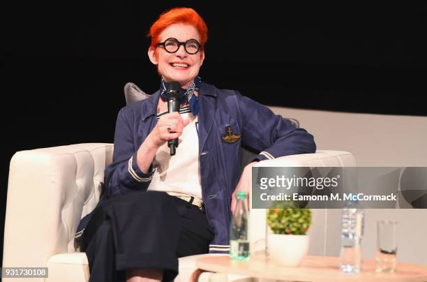 Costume designer Sandy Powell speaks on stage during the Masterclass session on day six of Qumra, the fourth edition of the industry event by the...