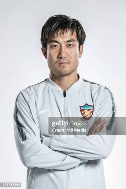 Portrait of Chinese soccer player Wang Xiaolong of Tianjin Quanjian F.C. For the 2018 Chinese Football Association Super League, in Yancheng city,...