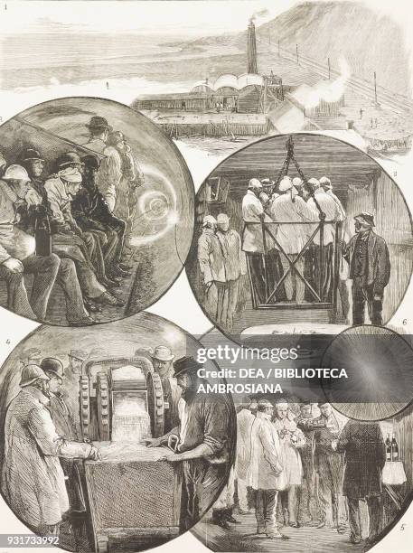 Views of the surface works at the foot of Shakespeare's Cliff, 2 on the tram-car in the tunnel, 3 going down in the cage, 4 inspecting the boring...