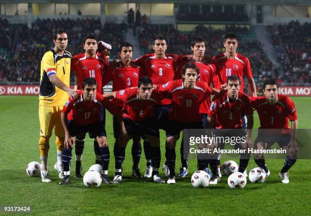 Players of Chile pose for the line-up prior the international friendly match between Slovakia and Chile at the MSK Zilina stadium on November 17,...