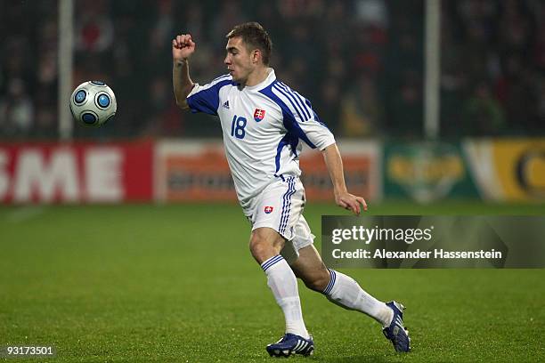 Erik Jendrisek of Slovakia runs with the ball during the international friendly match between Slovakia and Chile at the MSK Zilina stadium on...